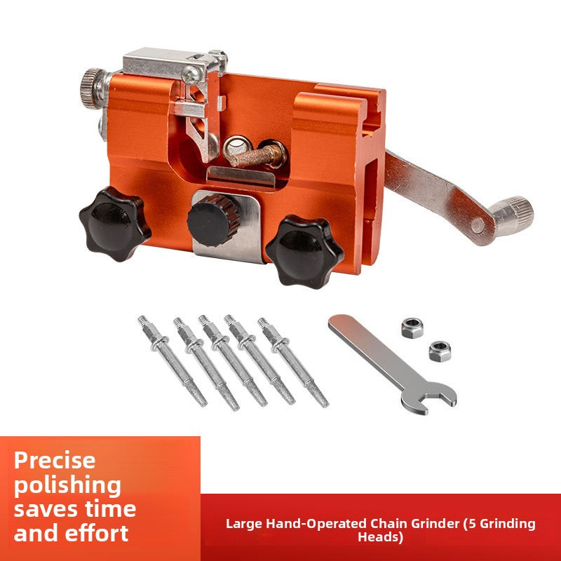 Hand crank handle on the orange chainsaw chain sharpener body