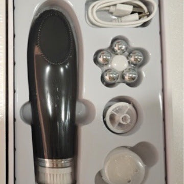 Top down view of the device on a bathroom vanity with serum