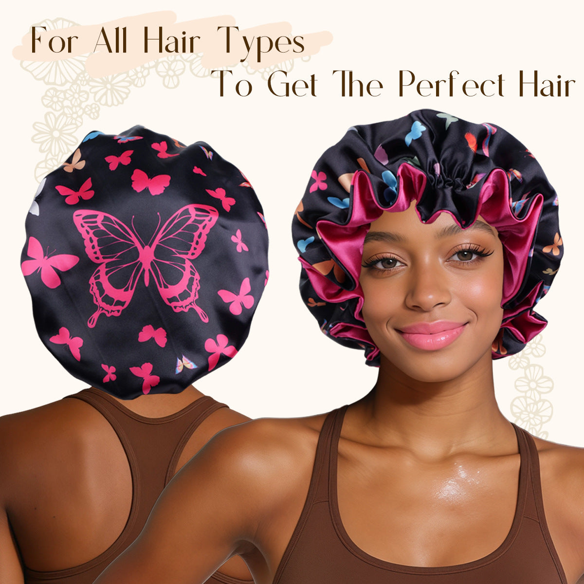Black butterfly print double layer satin hair bonnet shown with a model wearing it
