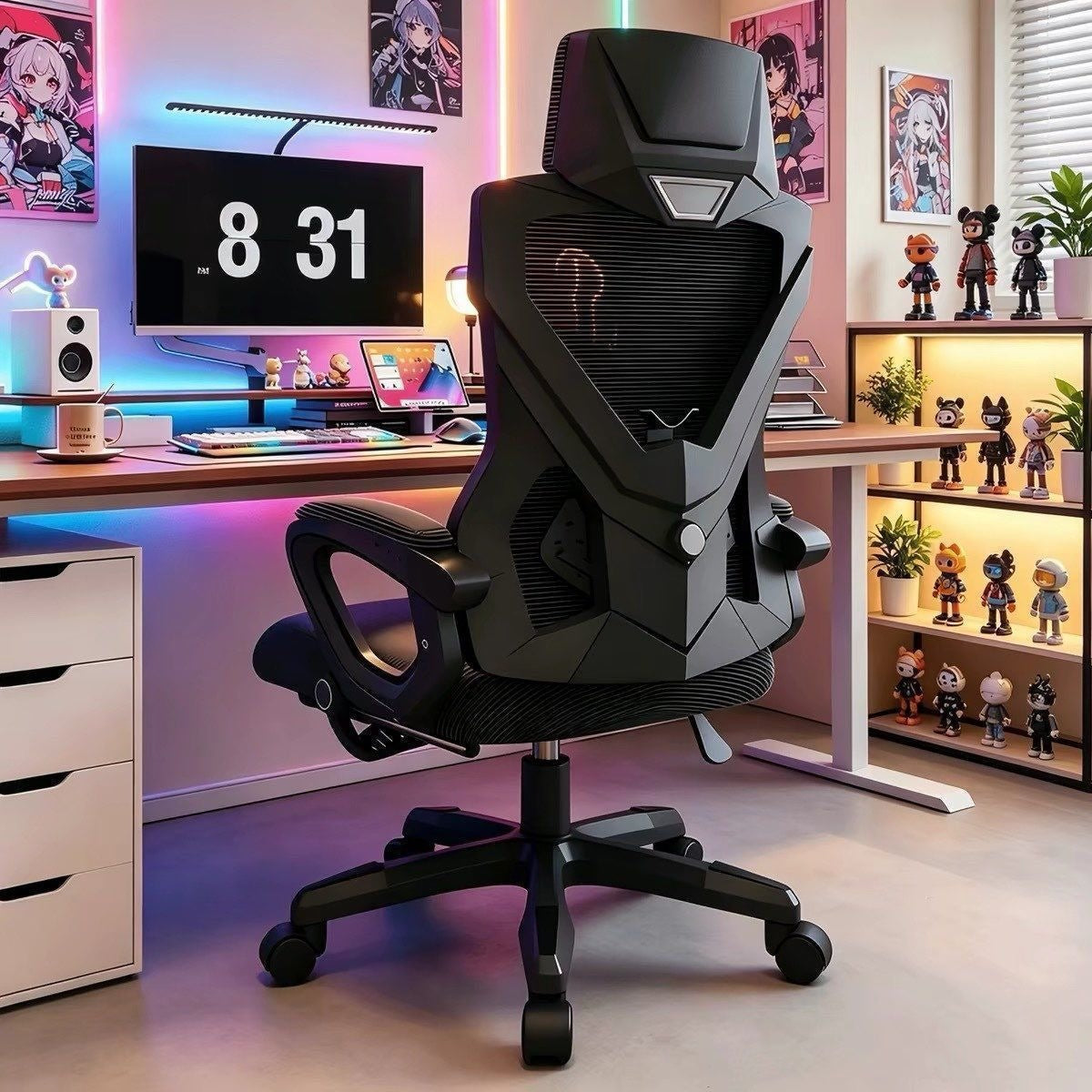 Black high-back mesh computer chair with headrest at a desk with colored room lighting