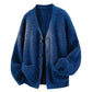 Royal Blue ribbed knit V-neck cardigan with buttons and patch pockets, Royal Blue option, size 2XL