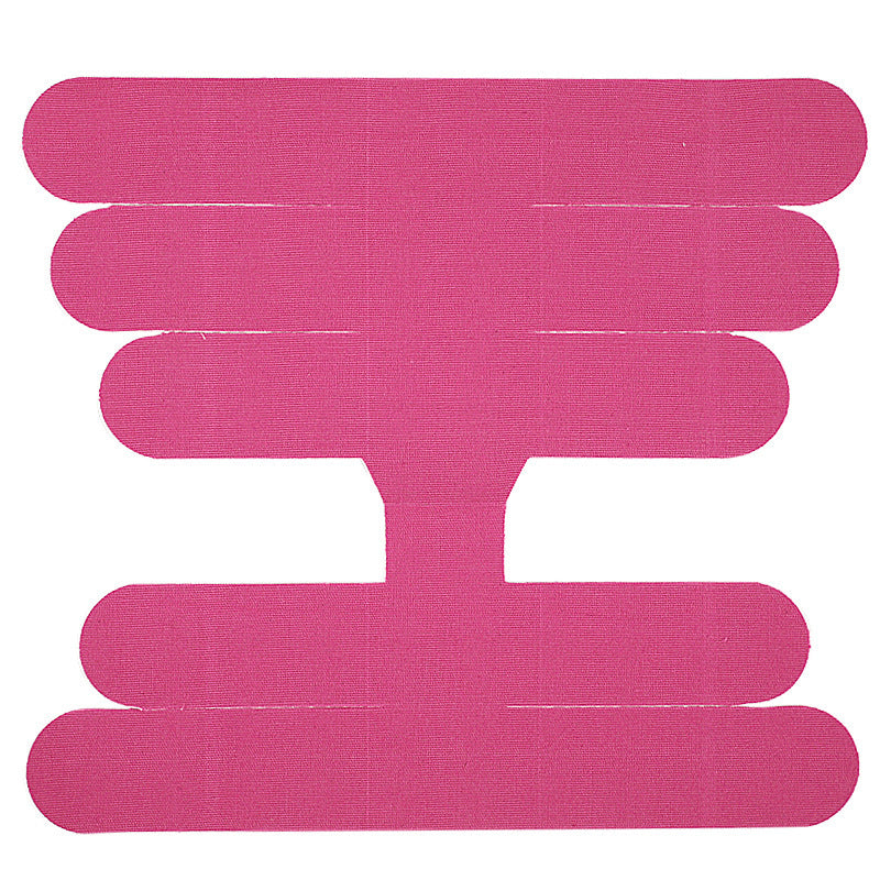 Pink pre-cut elastic tape piece with five rounded fingers, laid flat