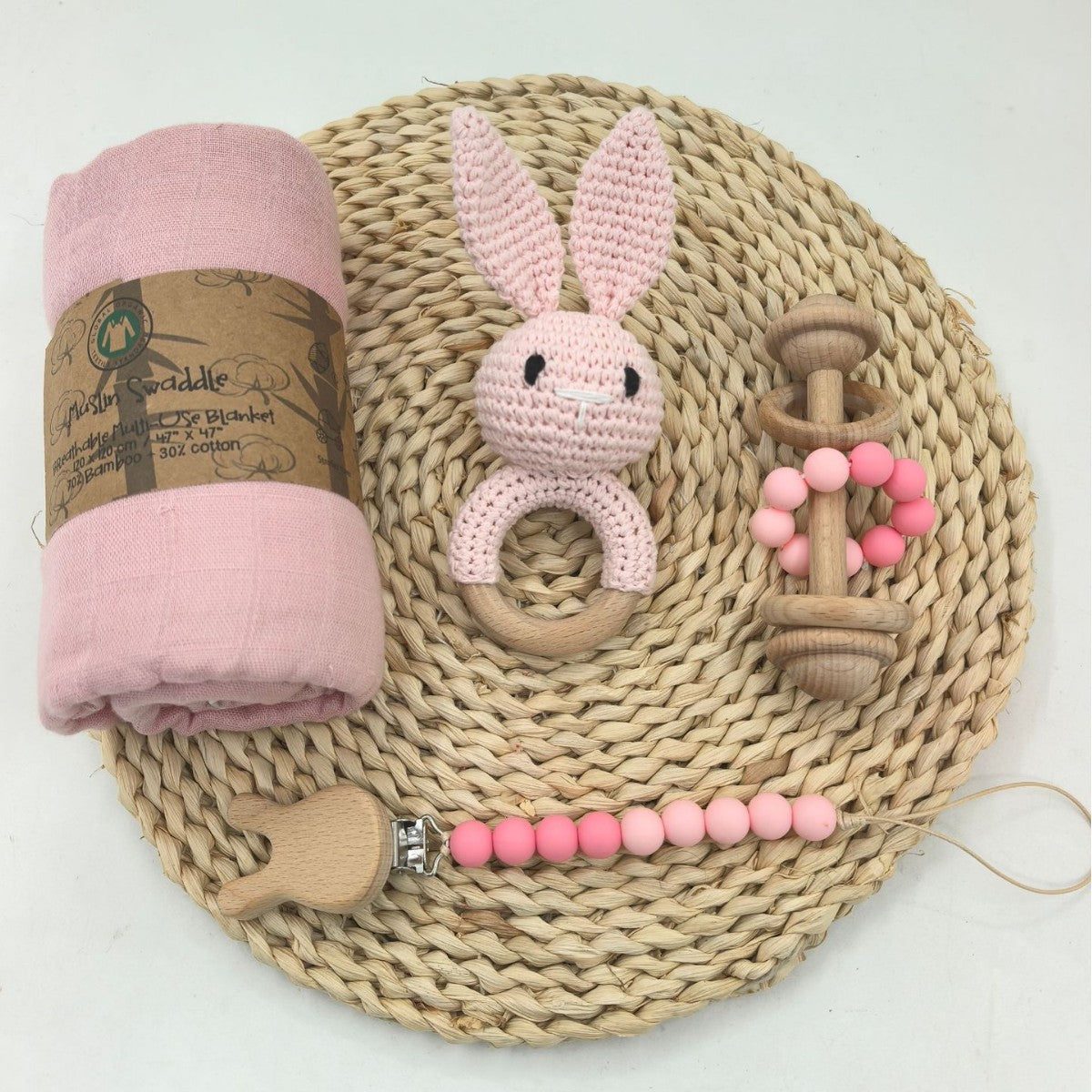 Alternative angle of the crochet animal rattle and pacifier clip