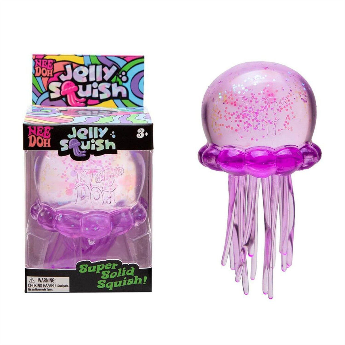 NeeDoh Jelly Squish purple jellyfish next to its Super Solid Squish retail box