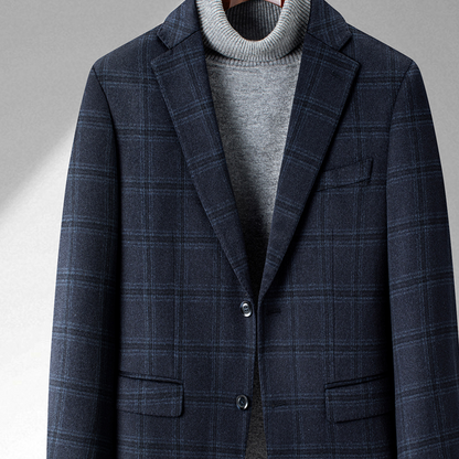 Men's navy check wool blend single breasted blazer close up on the navy check lapel and chest