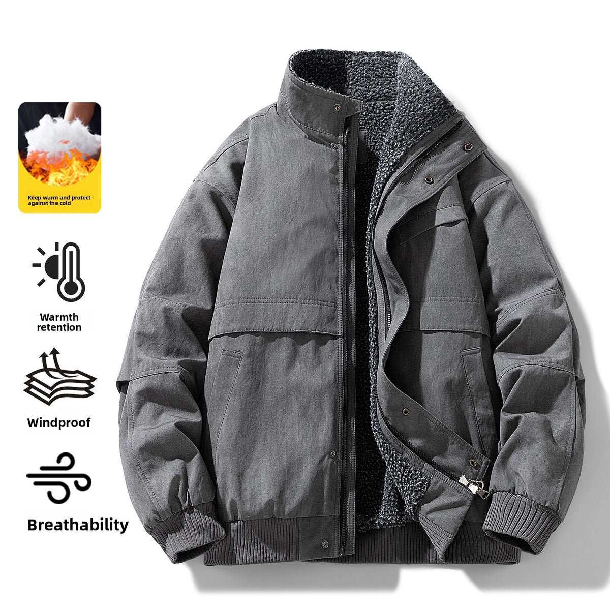 Dark gray padded bomber jacket with a fleece lined stand collar and zip front, shown with warmth feature icons