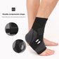 Black ankle brace worn on a bare foot with a hook and loop strap and two close up circles showing the strap detail