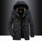 Black fleece lined hooded parka, front flat lay with stand collar, size 5XL