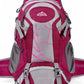 Rose red and light gray hiking backpack with a pink line pattern, hip belt and side mesh pockets, front view