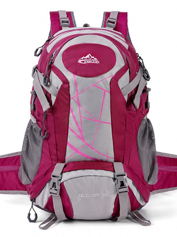 Rose red and light gray hiking backpack with a pink line pattern, hip belt and side mesh pockets, front view