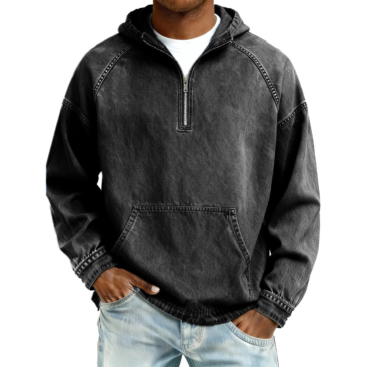 Black variant, size 3XL: black washed half zip hoodie on a male model with light jeans