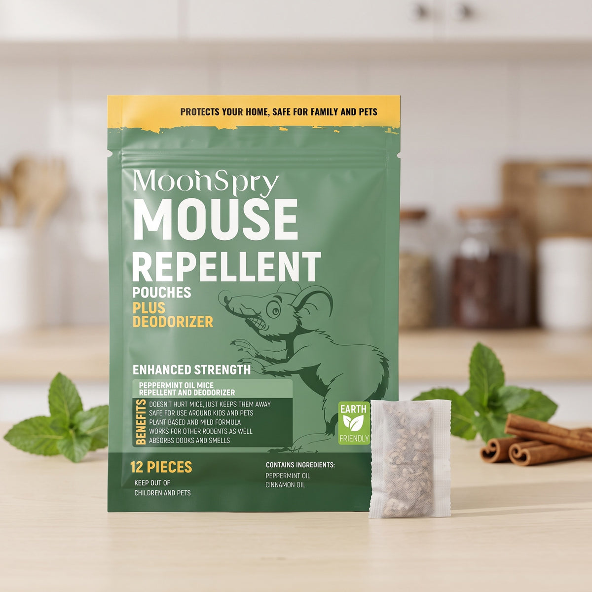 Peppermint and cinnamon mouse repellent scent pouch pack with a mesh sachet