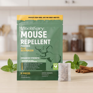 Peppermint and cinnamon mouse repellent scent pouch pack with a mesh sachet