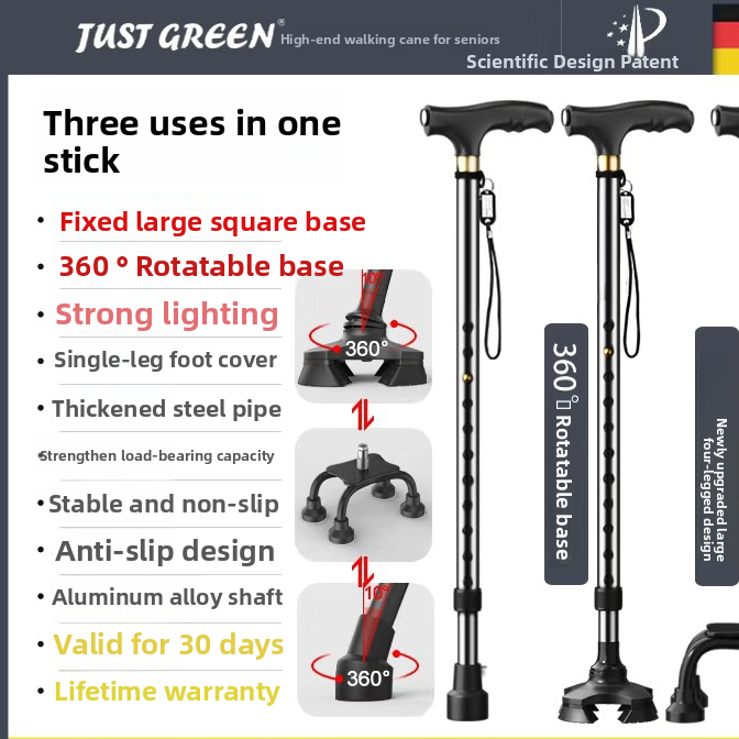 Aluminum walking cane illuminated LED handle version lit in dim light view