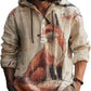 Hooded henley shirt, beige shirt with a red fox and scattered cherry petals, size XL