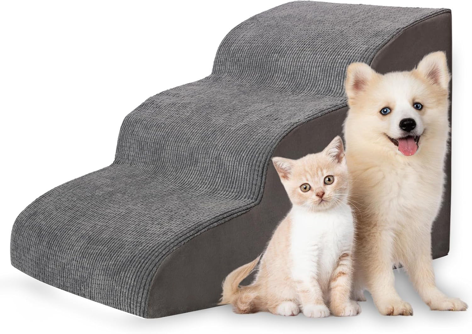 Foam pet stairs with a ribbed non slip fabric cover, tiered steps for cats and small dogs to reach a bed