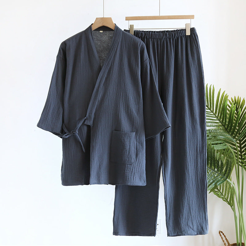 Blue Gray men's style kimono style cotton gauze pajama set with side tie and patch pocket, size M variant image