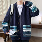 Navy blue cable knit V neck cardigan with a teal jacquard band, image for the Navy Blue option in size M