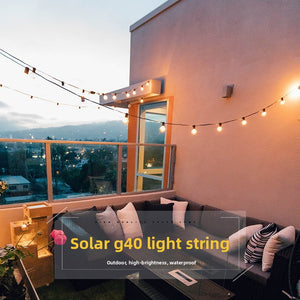 G40 filament bulb string lights strung along a patio fence