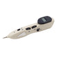 Off white handheld massage pen with a dark LCD display, three controls and a probe tip on a white background