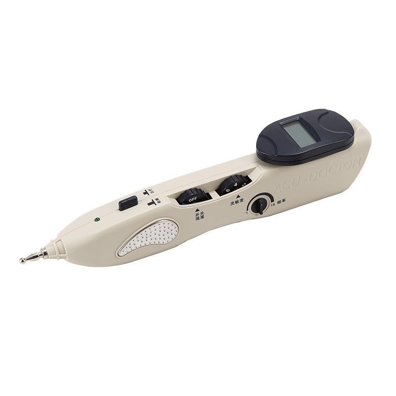 Off white handheld massage pen with a dark LCD display, three controls and a probe tip on a white background