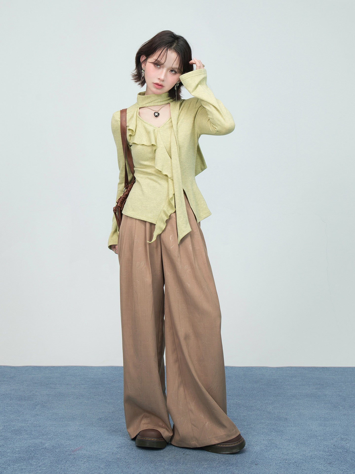 Ruffled Ribbon Knit Top | angled lifestyle styling shot