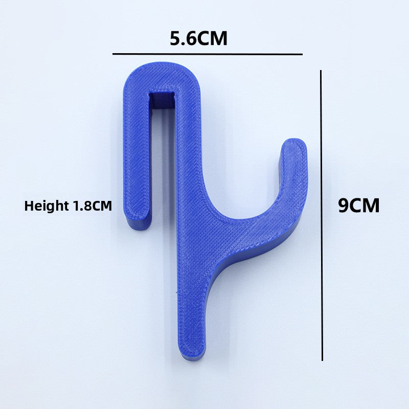 Blue resin single hook with size marks, 5.6 cm wide and 9 cm tall, seen from the front on a light background