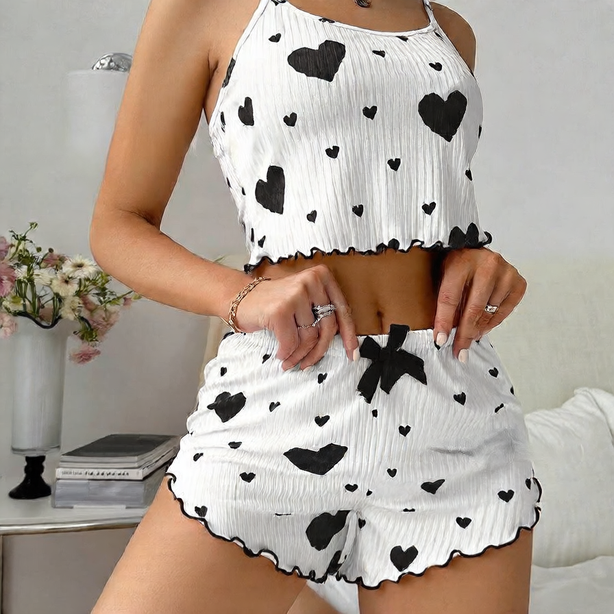 Heart print ribbed pajama short set worn during a slow morning at home