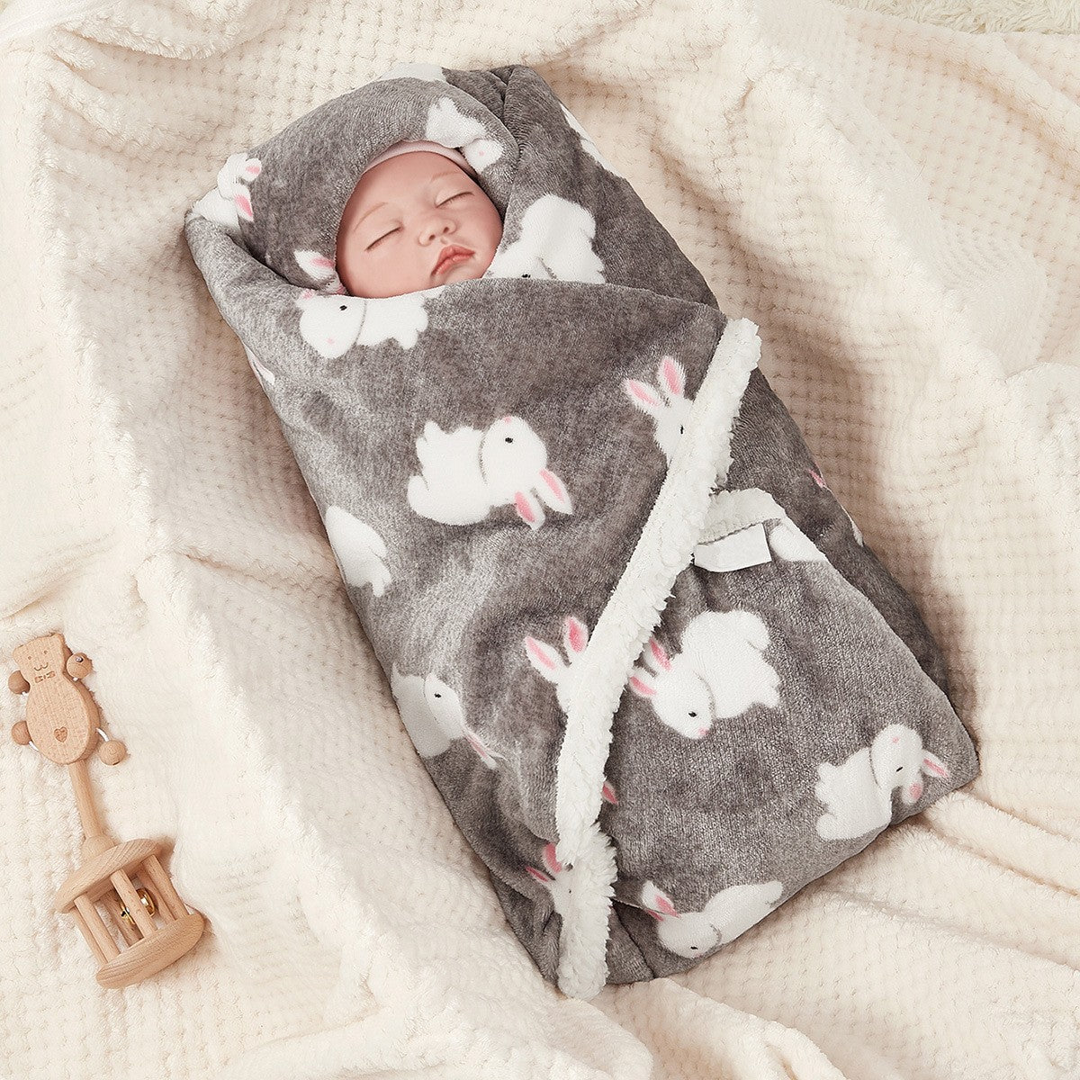 Cartoon animal flannel baby blanket folded showing soft brushed front view