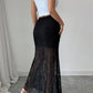 Floral lace mermaid maxi skirt shown on a model with a crop top