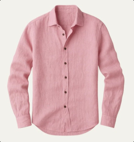 solid Pink mens long sleeve linen look button up shirt