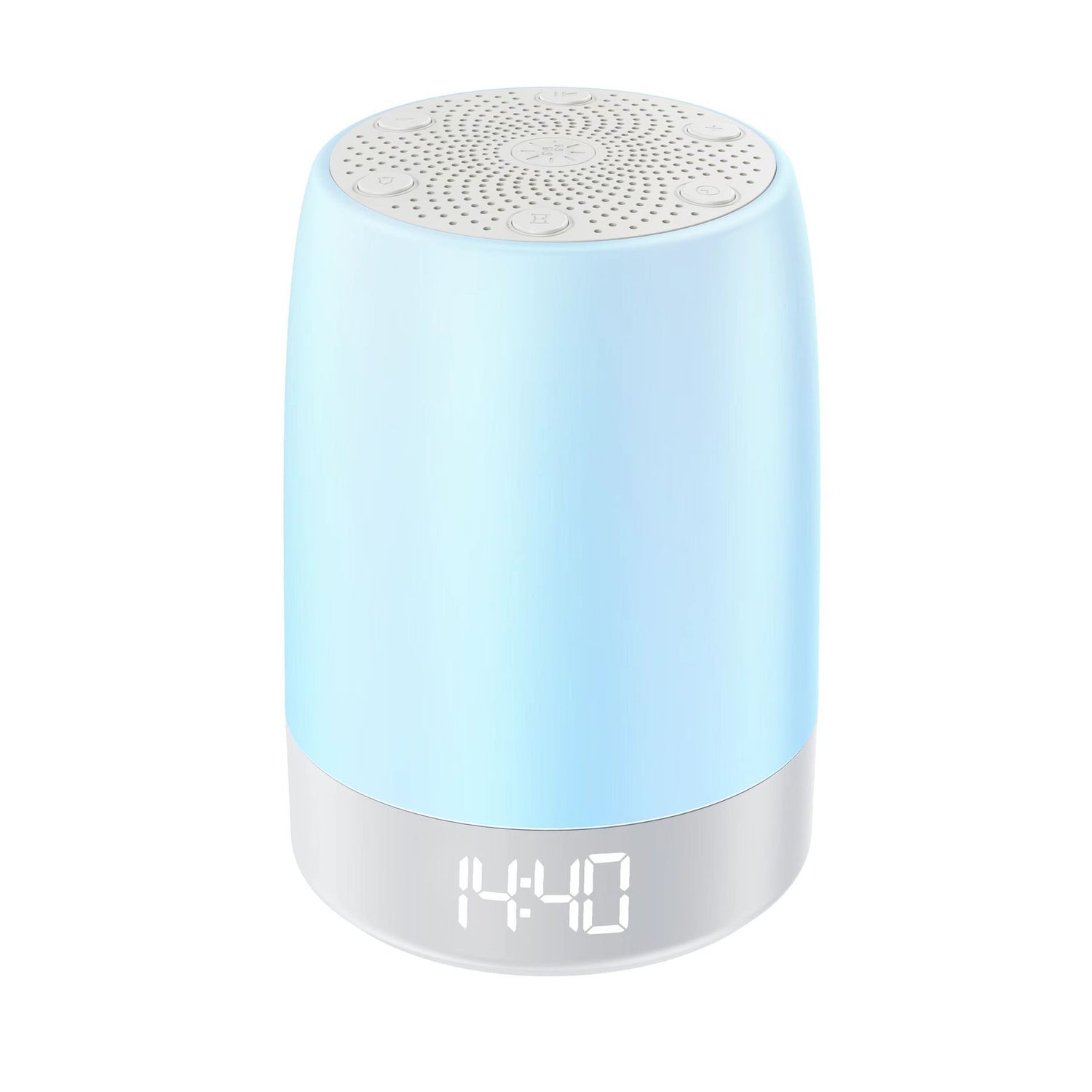 White baby night light speaker glowing soft blue with a digital clock reading on the lit base