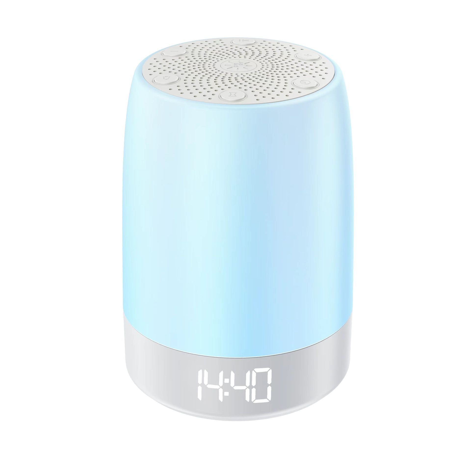 White baby night light speaker glowing soft blue with a digital clock reading on the lit base