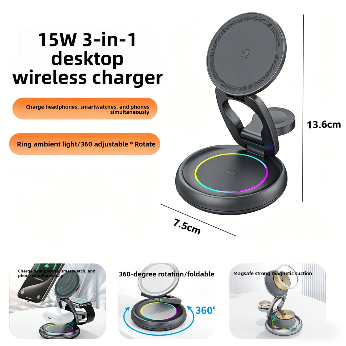 Dark gray foldable 208 15W 3-in-1 charging stand over a ring light base, 13.6 cm high with a 7.5 cm base