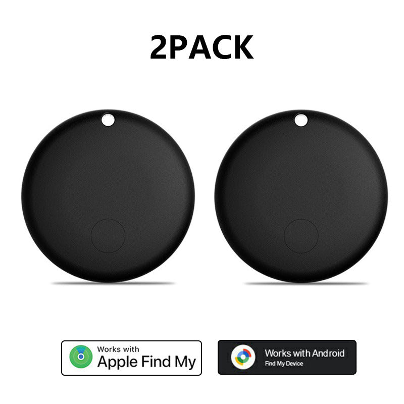 Two black round F08 trackers, 2 pack option, with Apple Find My and Android Find Hub badges