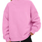 Pink oversized mock neck sweatshirt with ribbed cuffs and hem, worn with black leggings, photo for size L