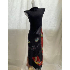 Black cat print mesh dress on a form, stand collar and sleeveless shoulders, fishtail skirt draping down