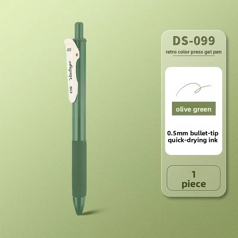 Olive green retractable gel pen on a matching background, labeled Olive green, Olive Green 1pc