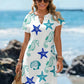 V-neck starfish and seahorse print A-line beach dress, the notch V-neck and short sleeve detail