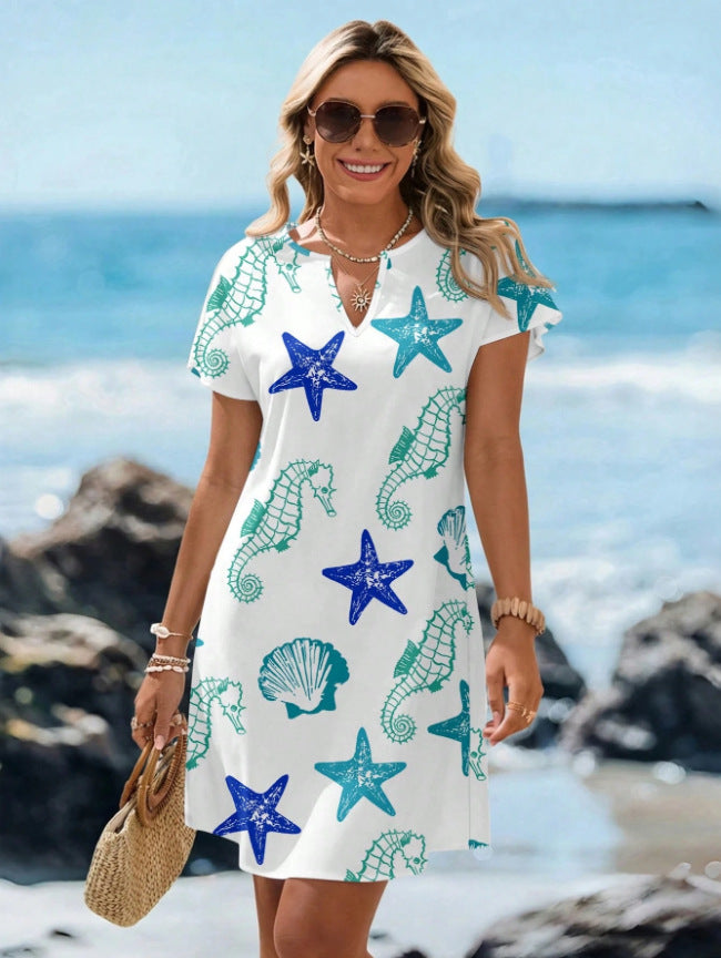 V-neck starfish and seahorse print A-line beach dress, the notch V-neck and short sleeve detail