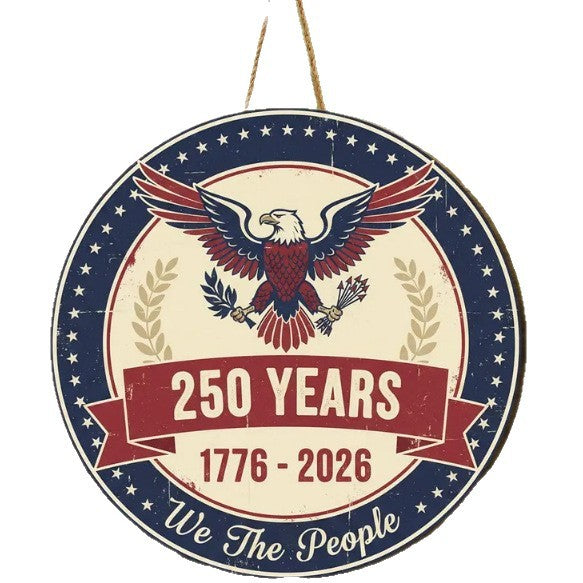 Close-up of the wood panel surface and printed patriotic design