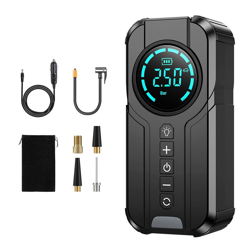 Black car tire inflator beside its 12V car power cord, threaded hose, nozzle adapters and storage pouch