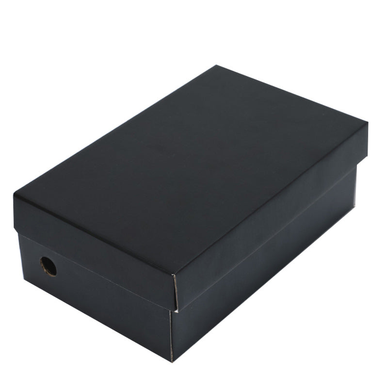 Closed matte black cardboard shoe box with a lid and a round hole on the end, Matte Black option