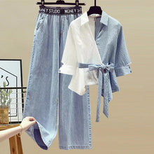 Belted Blouse and Wide-Leg Denim Set