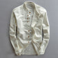 Men's linen shirt shown from an angle highlighting the upright band collar