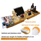 Natural bamboo bathtub caddy tray with a tablet, a drink, fruit and bottles, option Natural Bamboo with size text