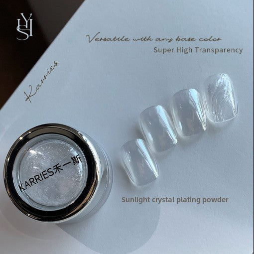 Crystal chrome nail powder jar next to glass finish swatch nails on white