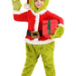 Size 90 option: child waving in the green fur and red Santa costume, holding a red gift box