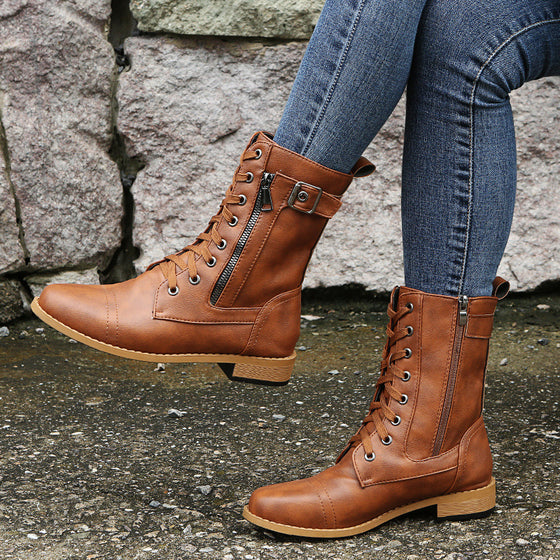 Women's Lace-Up Mid-Calf Boots with Side Zip and Buckle Strap