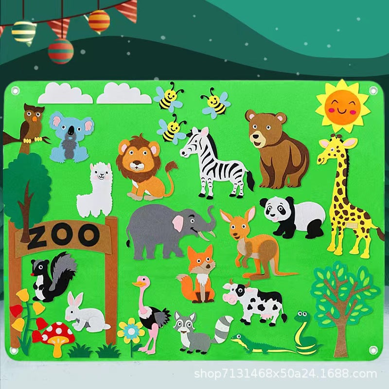 Zoo and safari felt story board with felt lion, elephant, zebra and giraffe pieces for children
